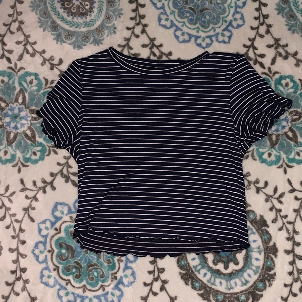 Navy Blue & White Striped Shirt w/ Frilly Openings